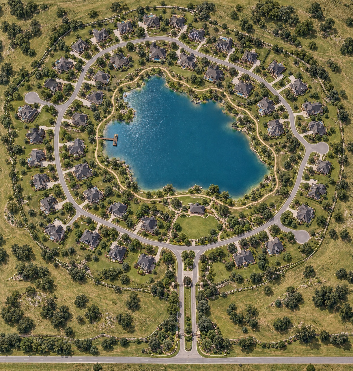 Illustrated conceptual plan of fifty homes around a reservoir