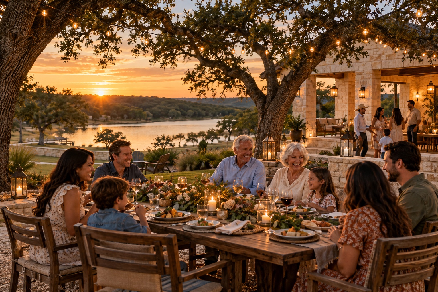 Family around an outdoor dinner table