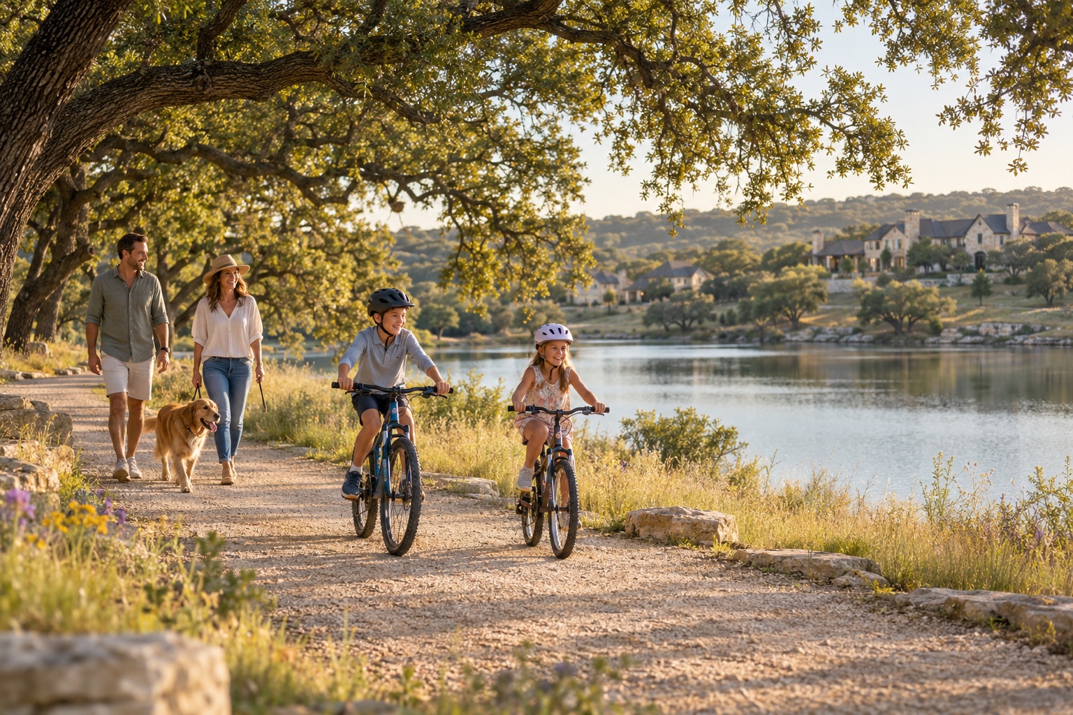 Family exploring a lakeside trail
