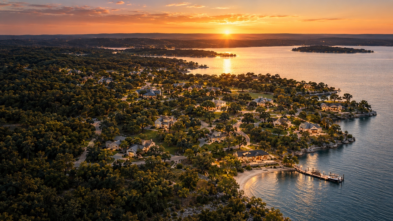 Concept aerial of a lakeside neighborhood with a sandy shoreline and dock