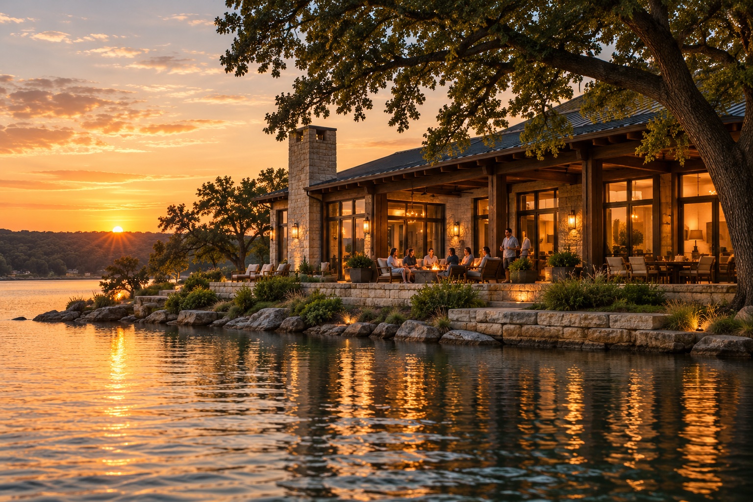 Conceptual limestone lakehouse overlooking the water at sunset