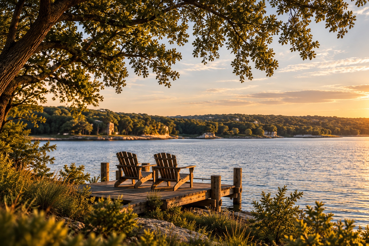 Two chairs on a shaded timber landing overlooking the lake
