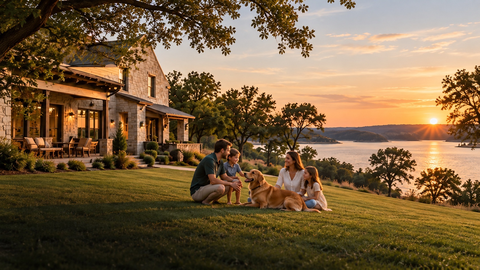 Family and dog on a lawn beside a limestone home, with the lake behind them
