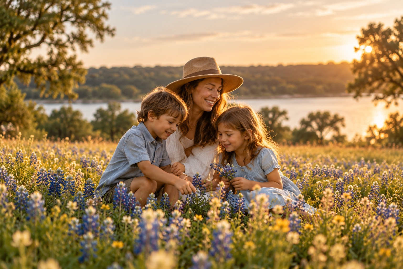 Mother and children together in Texas wildflowers